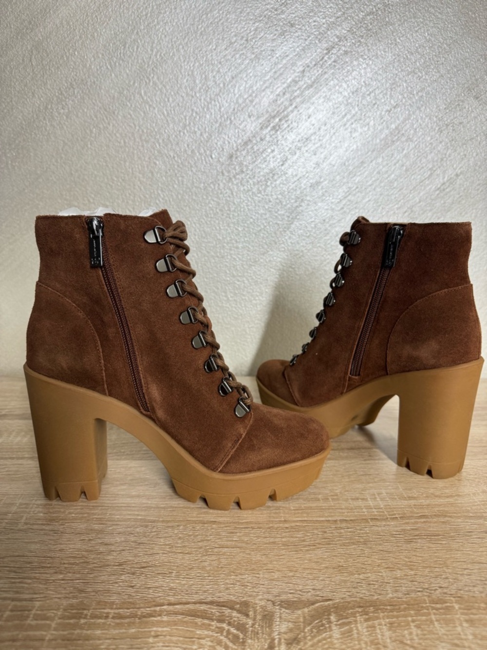 Jessica Simpson Mistah 8.5M Nut Brown Suede Heeled Chunky Platform Combat Boots - Picture 5 of 14